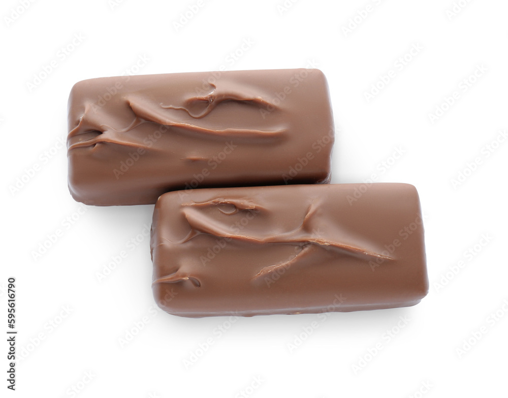 Tasty chocolate bars on white background, top view Tasty chocolate bars on white background, top view