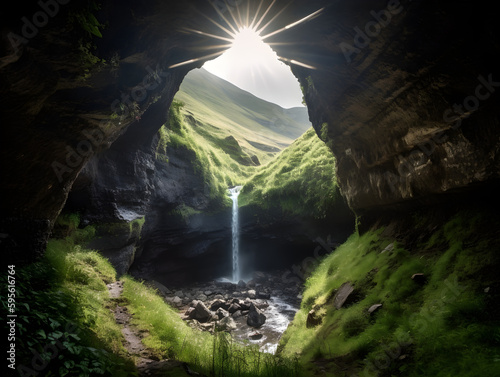 A waterfall in deep cavern, green lush grass and a sunset, showing beauty of this lush landscape, generative AI