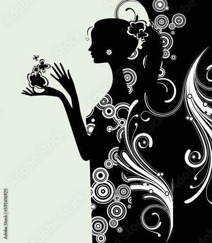 Black silhouette of a young slim girl in long dress with abstract flowers in hand on a decorative background. Fashion, perfumery and cosmetics page template. 
Vector illustration