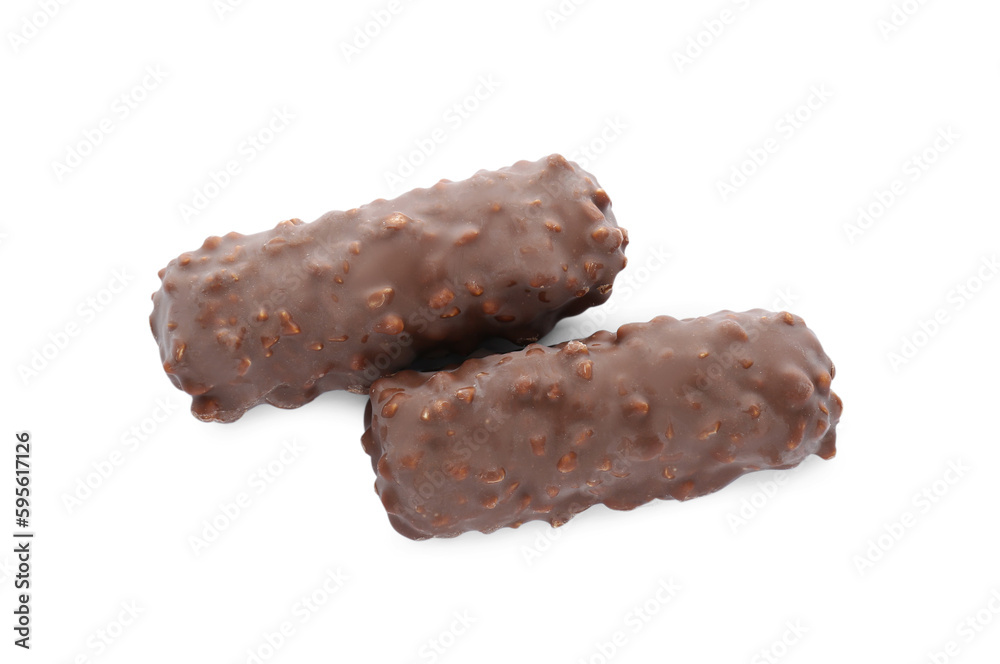 Tasty chocolate bars isolated on white, top view Tasty chocolate bars isolated on white, top view