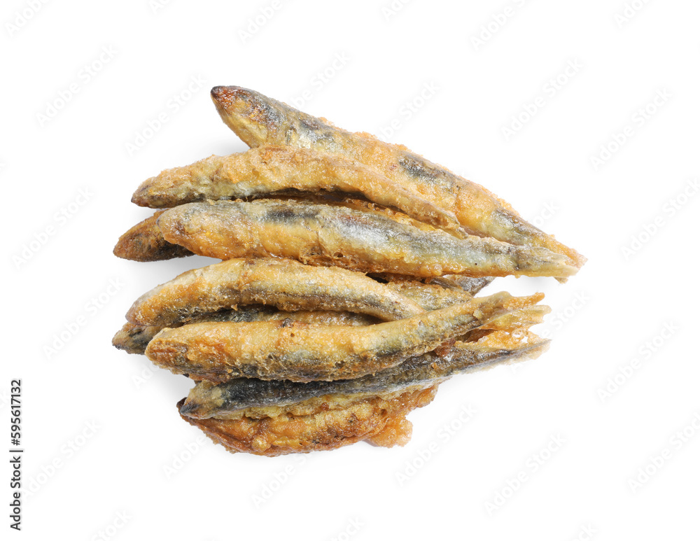 Pile of delicious fried anchovies on white background, top view Pile of delicious fried anchovies on white background, top view