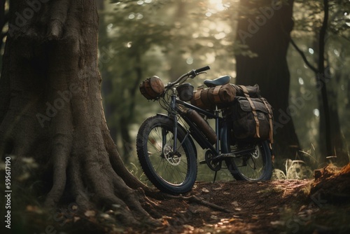 A bike with a pack leaning on a tree in the woods. Generative AI