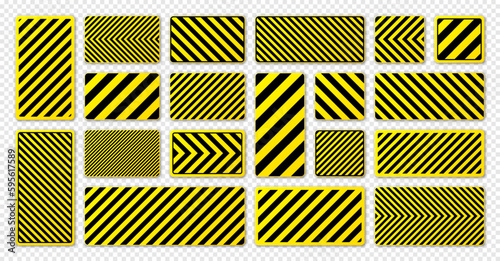 Various black and yellow warning signs with diagonal lines. Attention, danger or caution sign, construction site signage. Realistic notice signboard, warning banner, road shield. Vector illustration