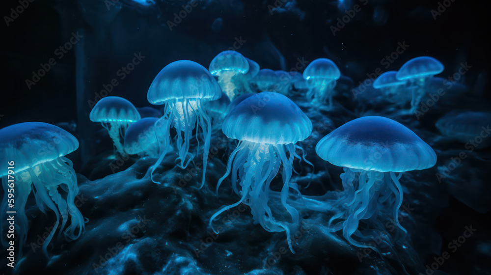 Glowing jellyfish swim deep in the blue sea. Jellyfish neon jellyfish fantasy on black background. Generative AI Glowing jellyfish swim deep in the blue sea. Jellyfish neon jellyfish fantasy on black background. Generative AI