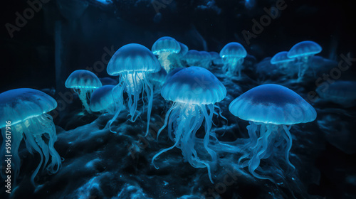 Glowing jellyfish swim deep in the blue sea. Jellyfish neon jellyfish fantasy on black background. Generative AI 