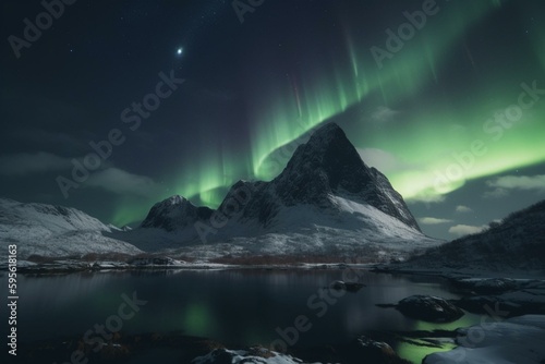 Northern Lights over snowy isles. Generative AI © Gabriela