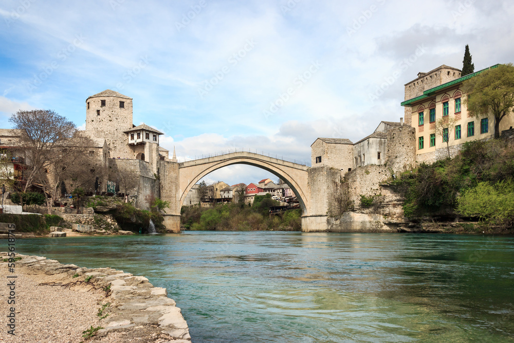 Historical Mostar city landscape. Famous stone Mostar bridge on Neretva river. Mostar, Old Town, Bosnia and Herzegovina
