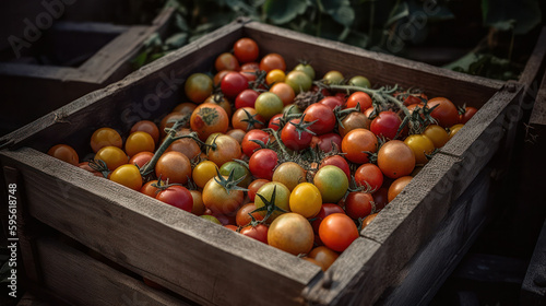 wooden box with fresh harvest of tomatoes on the farm field. Generative AI