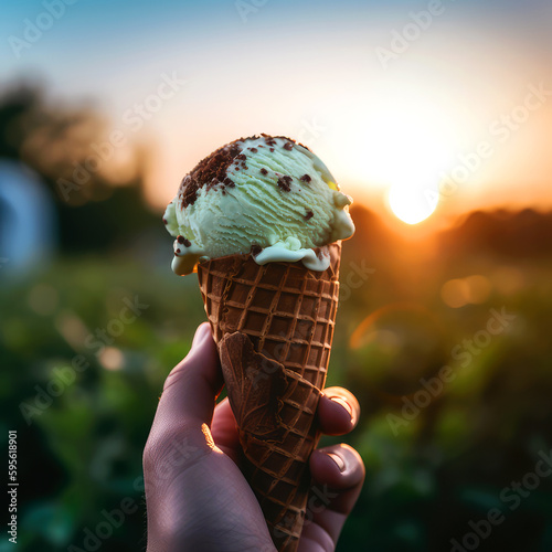 ice cream cone on natural background, ai