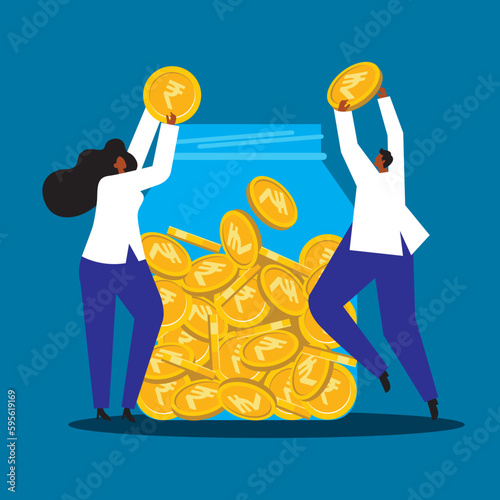 Money donation concept. Vector illustration. People putting money to glass bank. Economy, deposit for retirement, charity or crowd funding landing page, banner or poster design