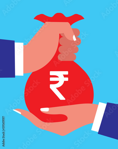 Human hand gives money bag to another person payment banking poster vector illustration