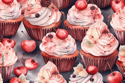 A seamless watercolor pattern featuring a cupcake in shades of cherry pink. Generative AI