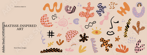 Set of abstract organic Matisse inspired shapes & objects. Plants, algae, ocean, sea. Modern trendy Matisse minimal contemporary aesthetic, vector element for logo, decoration, print, cover, wallpaper