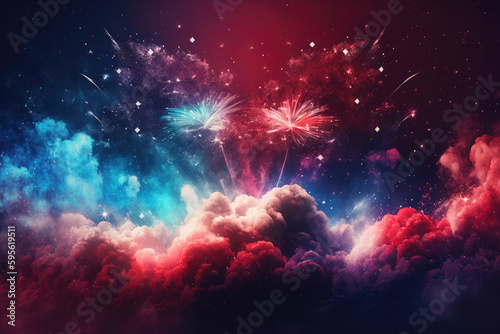 AI generated american flag colors form smoke explosion of cloudy firework at USA independence day