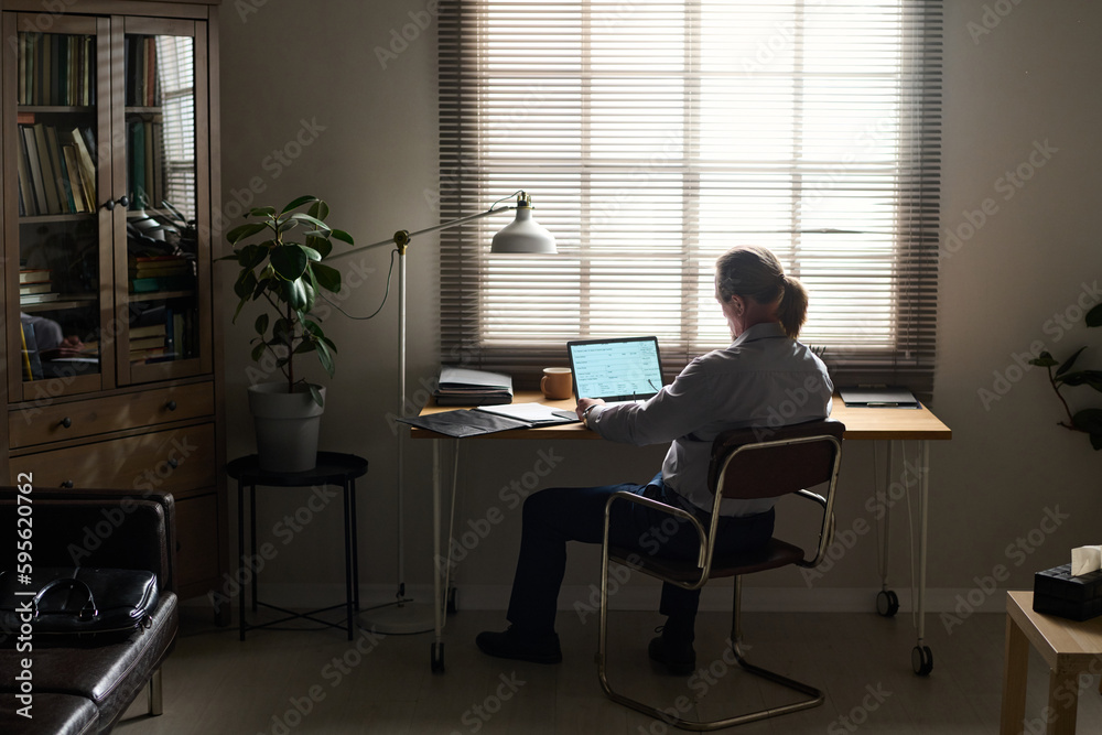 Fototapeta premium Back view of mature male psychologist sitting in front of laptop by his workplace in office and waiting for next patient in trouble
