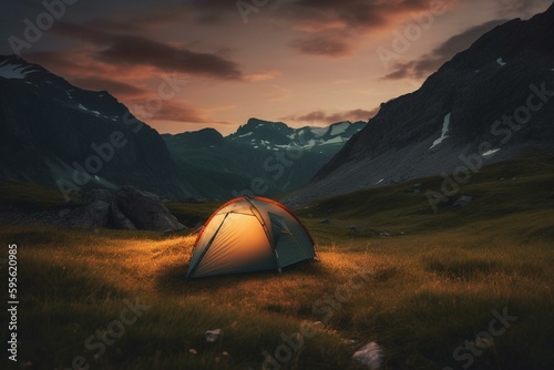 Evening camping tent in mountainous nature. Generative AI
