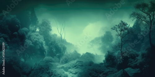 light green and deep blue hues  hint of fantasy forest  haze  animation  blended together