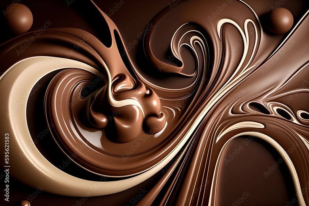 Swirling chocolate and milk concept, creamy whirl, smooth swirl, wave of gourmet melted chocolate sauce. Generative Ai.