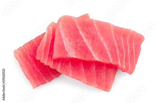 Tasty sashimi (pieces of fresh raw tuna) on white background, top view