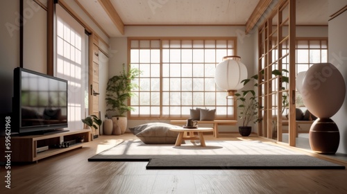 Japandi interior design room with beautiful lightning generative ai