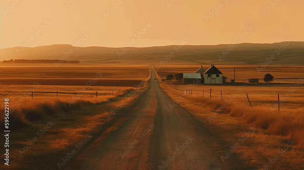 Naklejka premium Rural open landscape with an seemingly endless road during sunset