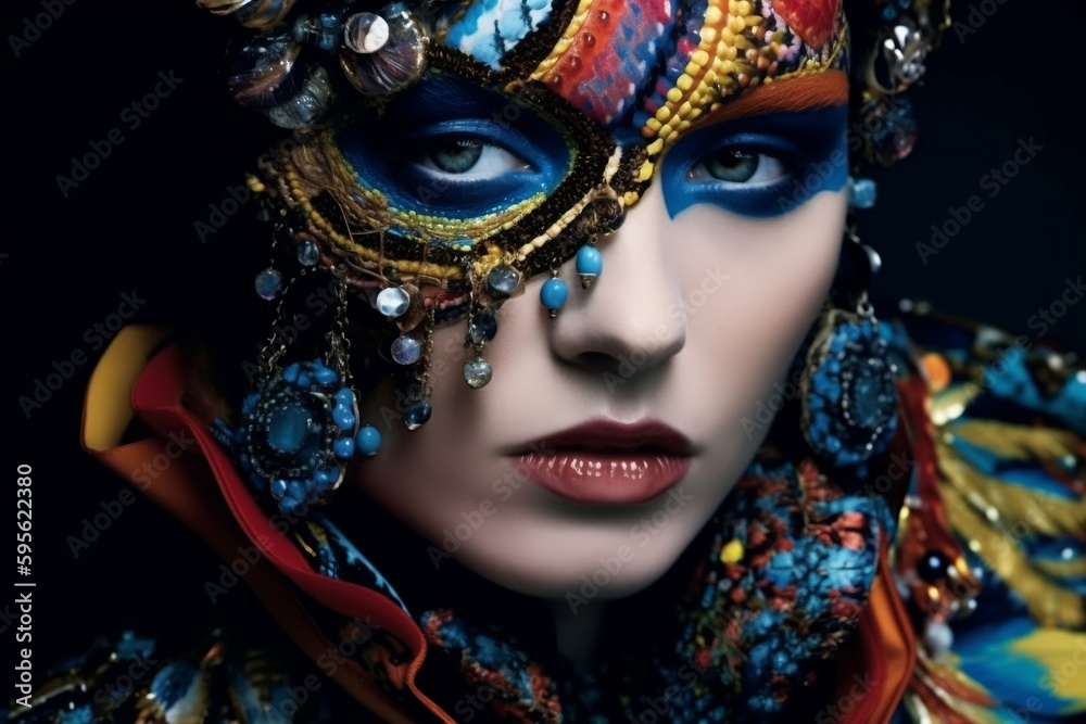 fashion editorial style extreme close-up shot, bold and colorful pattern, model with dramatic eye makeup, elaborate jewelry pieces, maximalist aesthetic. generative AI