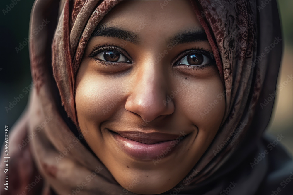 Smiling ethnic woman in hijab. Created with artificial intelligent. Smiling ethnic woman in hijab. Created with artificial intelligent.