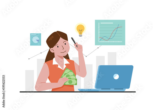 A woman is sitting with a laptop, working, business plan, maney in her hand.