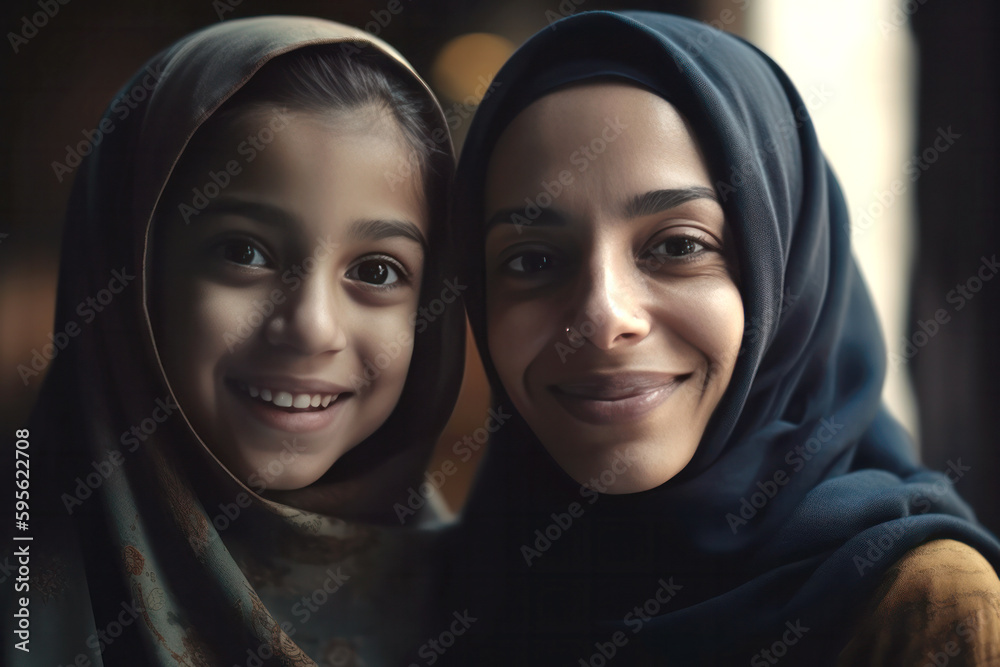 Smiling Muslim women in hijab looking at camera. Created with artificial intelligent. Smiling Muslim women in hijab looking at camera. Created with artificial intelligent.