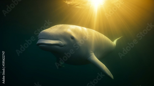 Dolphin underwater with beautiful sun shining through the sea AI