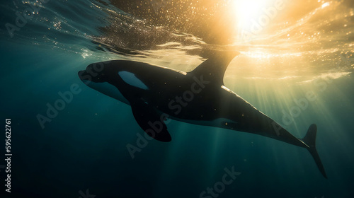Whale underwater with beautiful sun shining through the sea AI