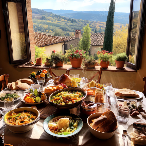 Highlight the joy of sampling authentic Italian cuisine in a charming Tuscan village, capturing the delicious flavors and warm hospitality of this beloved culinary destination, ai