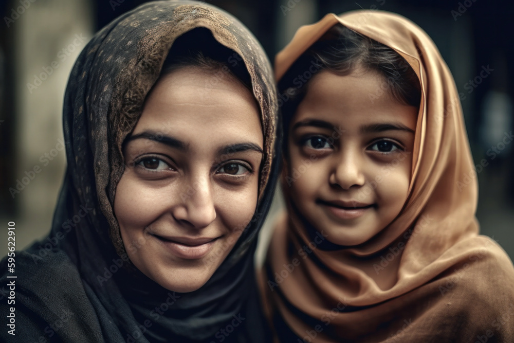 Smiling Muslim women in hijab looking at camera. Created with artificial intelligent.