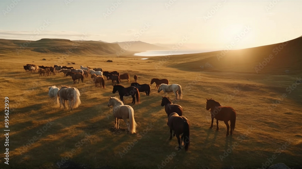 Iceland horse with a beautiful landscape in the golden hour AI
