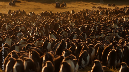 Penguins with a beautiful landscape in the golden hour of Iceland AI