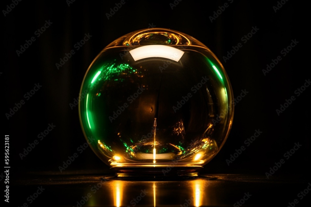 A glossy sphere emitting golden and green illumination against a black backdrop. Generative AI