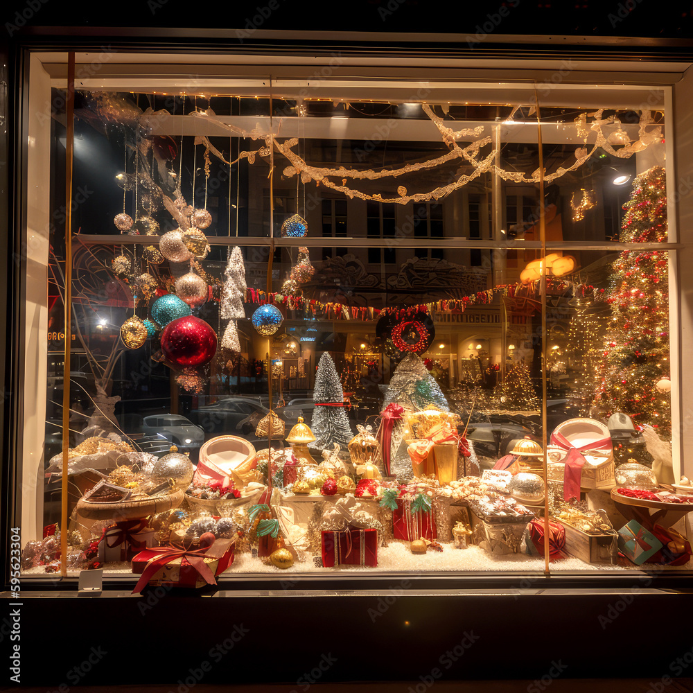 beautifully decorated storefront display, with twinkling lights and holiday-themed decorations, ai