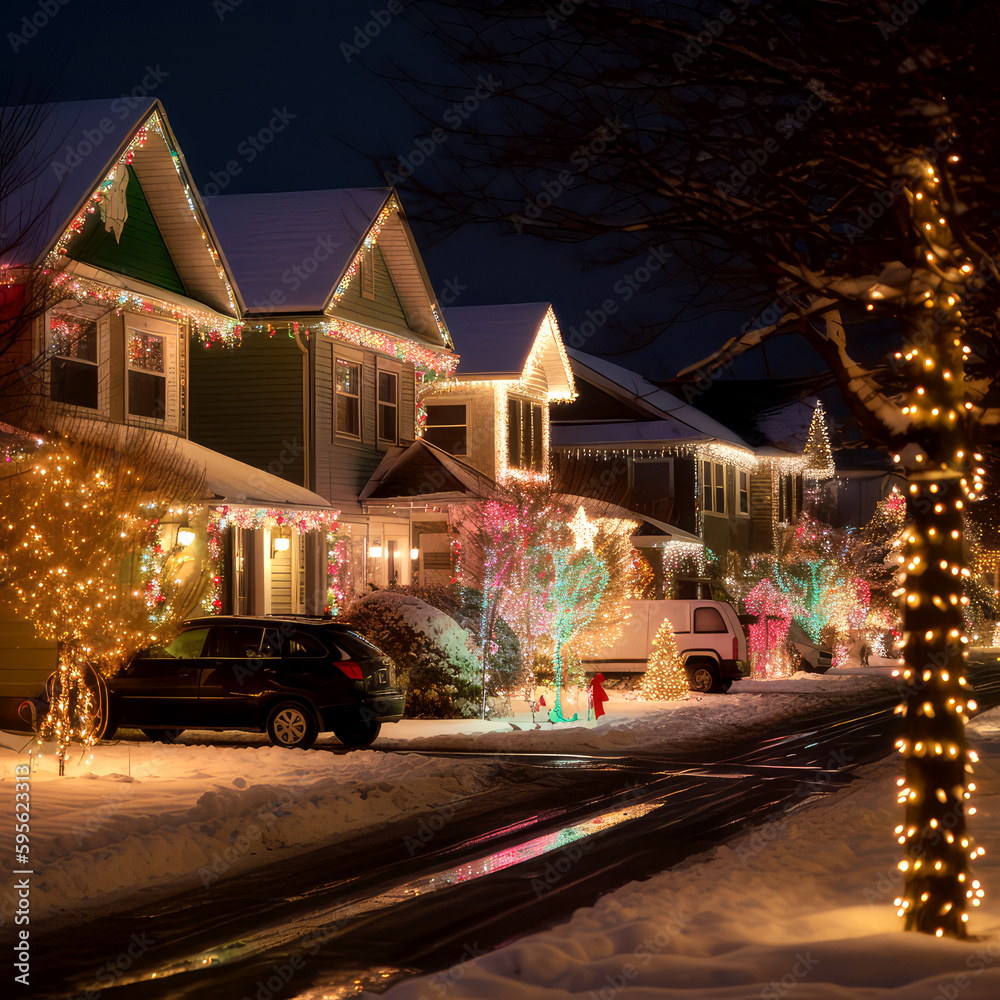 magic of Christmas lights with a photograph of a street or neighborhood lit up with colorful Christmas lights and decorations, ai