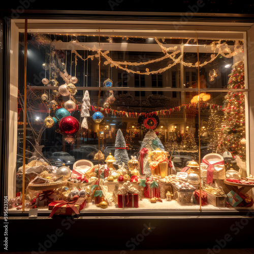beautifully decorated storefront display  with twinkling lights and holiday-themed decorations  ai