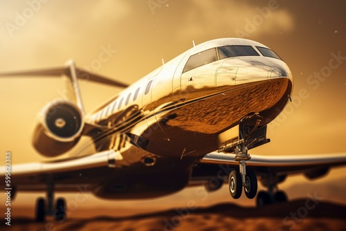 Premium airplane service on golden background. 3D model. Generative AI