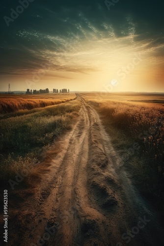 Rural open landscape with an seemingly endless road during sunset