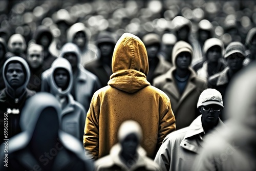 Yellow Coat in a Grey Crowd: Symbolizing Nonconformity and Solitude. portrayal of nonconformity. Metaphorical depiction of going against the norm and standing out in society