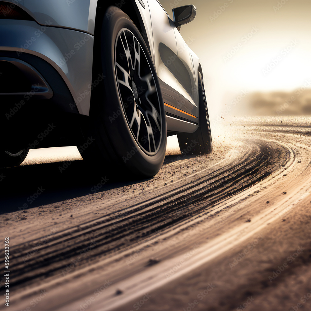 car tire with a photograph of a car taking a sharp turn on a dry road