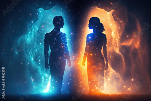 Astral body man and woman silhouettes face to face neural network AI generated art photo