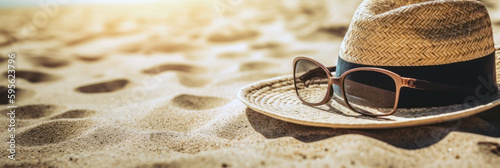 Straw hat and sunglasses on the beach close up. Summer holidays accessory  copy space. Generative AI