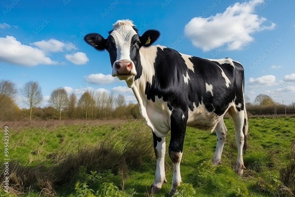 Cow standing on green grass, Black and white color, farm animal (Ai generated)