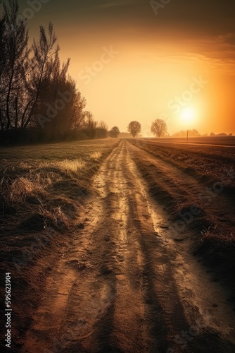 Rural open landscape with an seemingly endless road during sunset