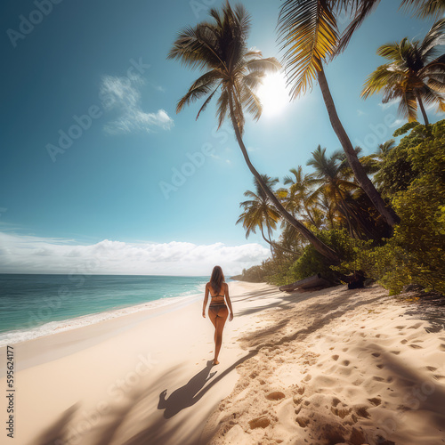 woman in a bikini walking on a tropical beach, ai