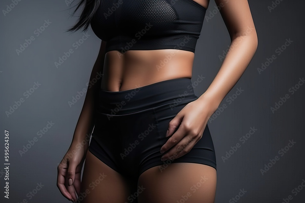 Fitness woman wearing black, slim body and abs in studio light Fitness woman wearing black, slim body and abs in studio light