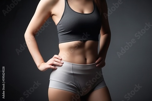 Slim shape of sport woman in red, healthy body and abs